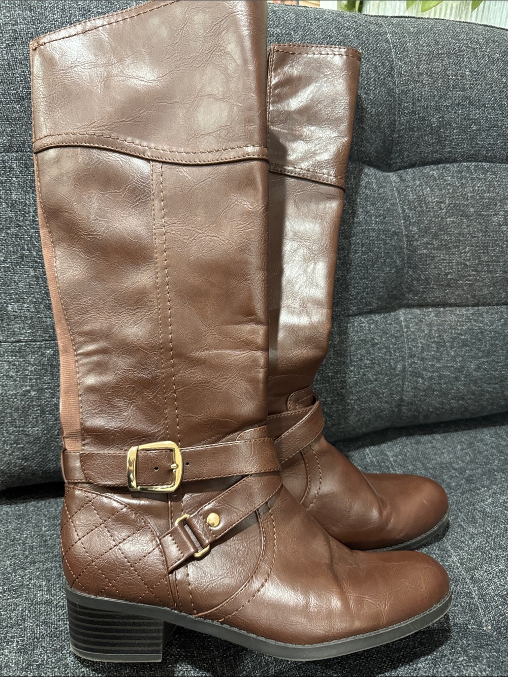 6.5 Unisa Brown Quilted-Strap Knee Boots with Gold Buckle